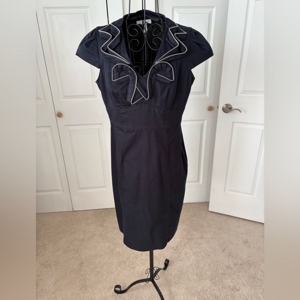 London Times Elegant Navy Denim Zipper Dress